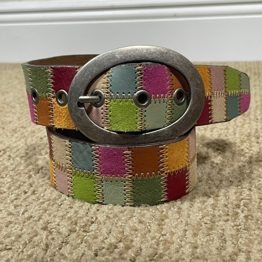 Fossil Belt Women's Size M Leather Multicolor Patchwork Rivets Pewter Y2K Boho